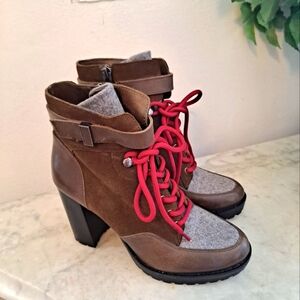 ANTONIO MELANI Brown and Gray Ankle Boots with Red Laces